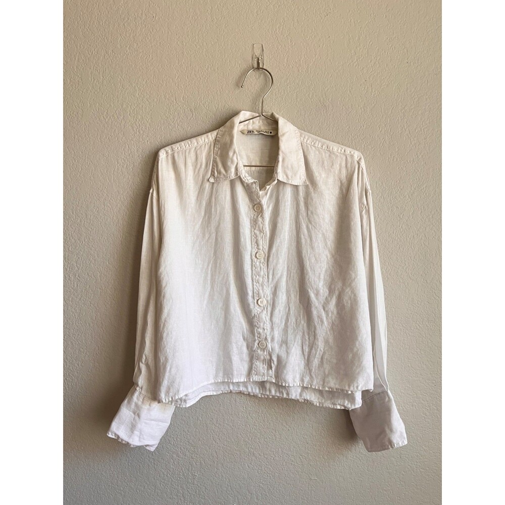 Zara Women's Boxy Linen Long Sleeve Button Down in White Size MEDIUM
